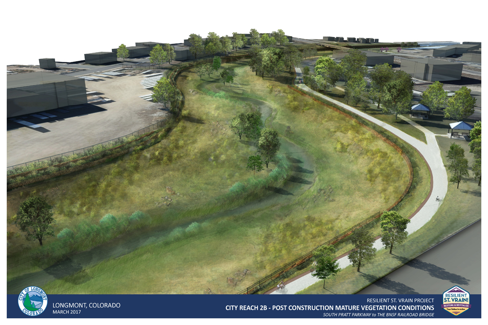 S Pratt Parkway to BNSF railroad bridge conditions post-construction with mature vegetation