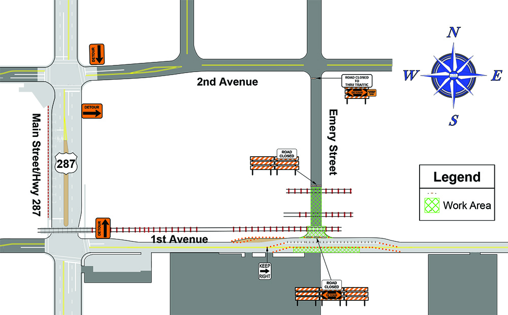 1st and Emery road detour map 