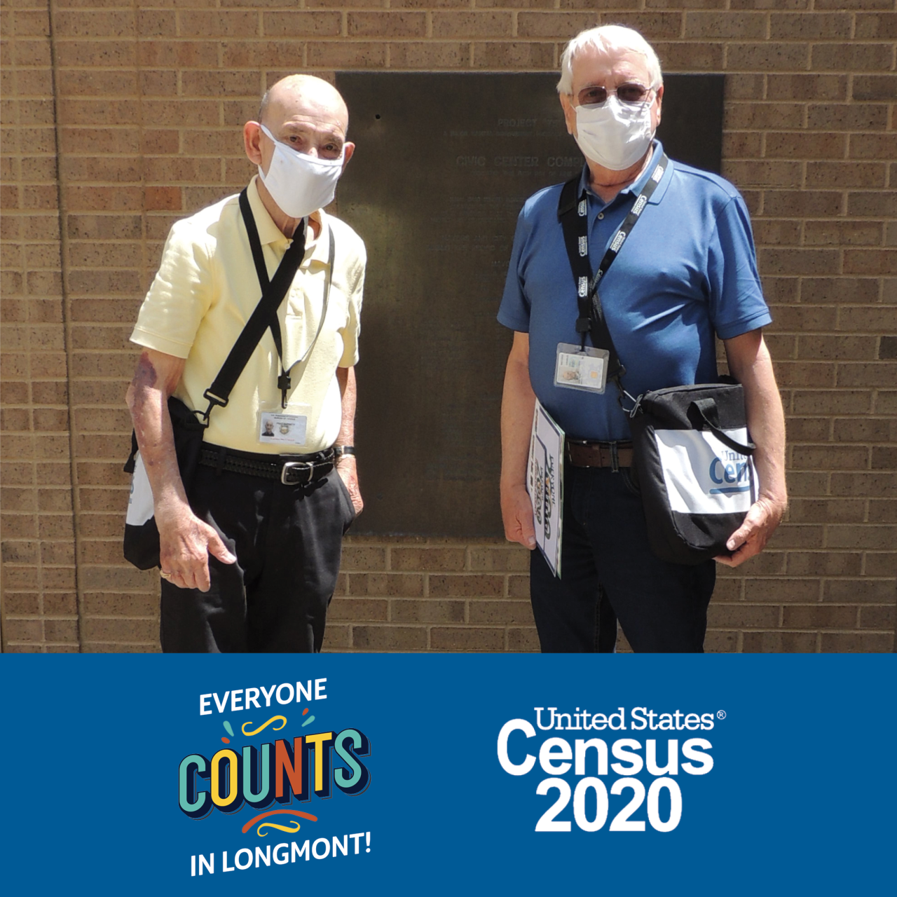 Two U.S. Census Workers stand next to each other with Everyone Counts in Longmont and US Census Logo