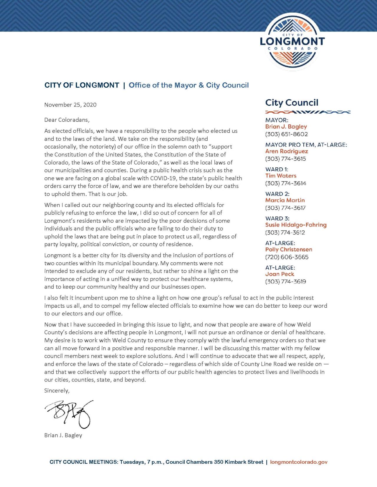 Letterhead-Brian Bagley Statement about Hospitals