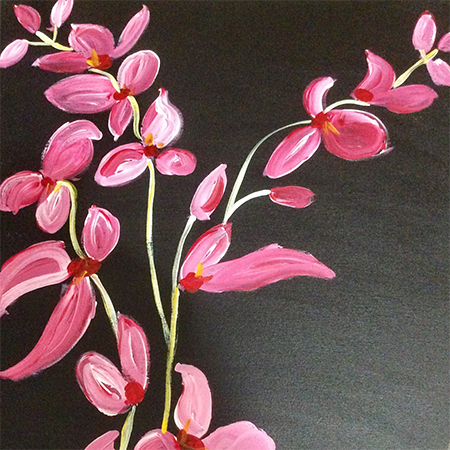 Acrylic painting of pink orchids on a black background