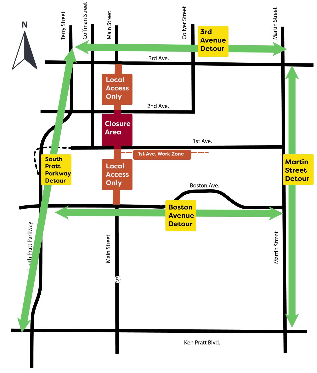 A map showing the downtown detour on Ken Pratt Boulevard, Martin Street, Boston Avenue and 3rd Avenue for the BNSF Railway Repairs June 14 - June 25