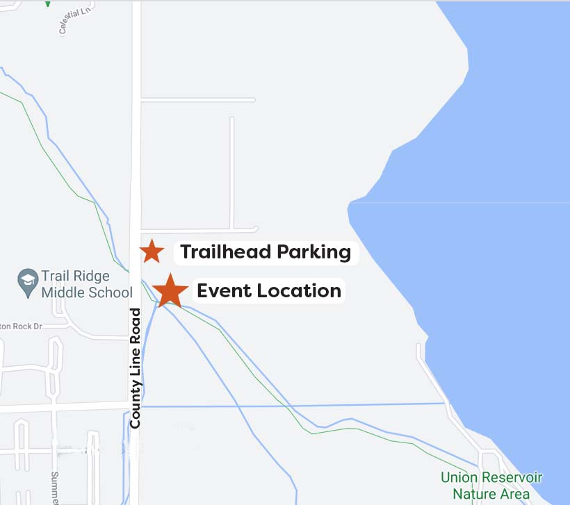 Map of the location of the Spring Gulch #2/County Line Road event on September 14, 2021. The location is on the east side of County Line Road, just north of 9th Street. Parking and event location is noted on the map.