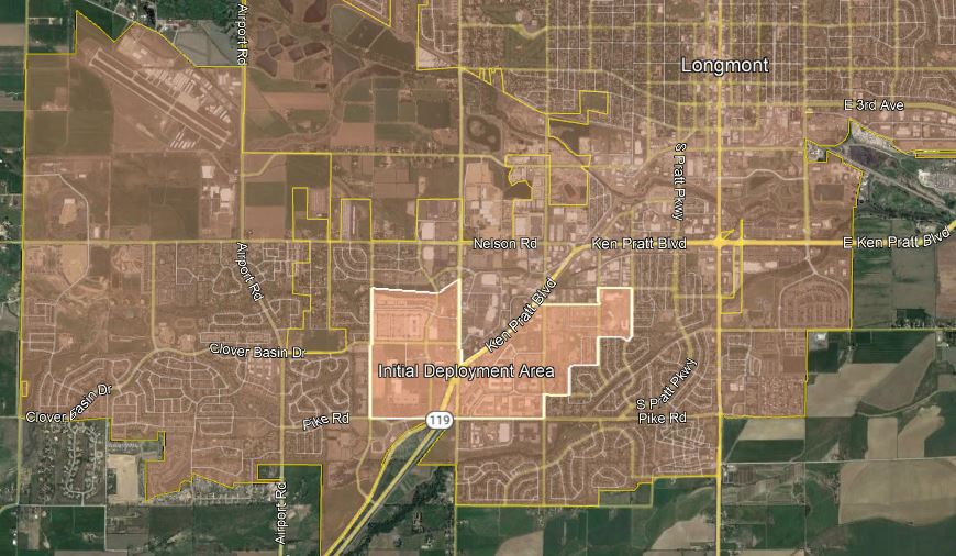 Phase 1 AMI Advanced Metering Map highlights areas in south Longmont that will have AMI implemented in phase 1