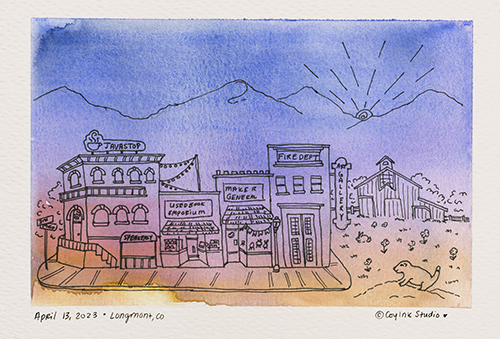 Art & Sip sample image of a watercolor and ink cityscape of downtown Longmont