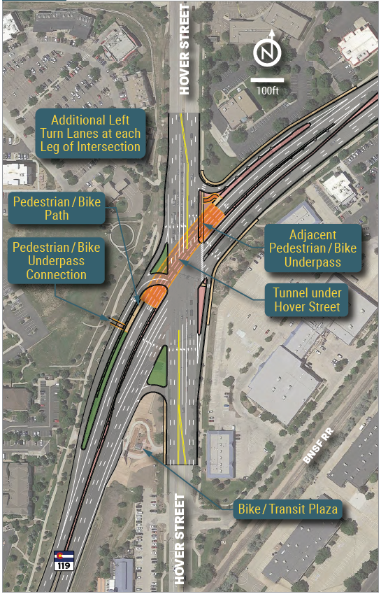 snippet of the full mp of CO-119 proposed changes featuring the Hover Street and CO-119 intersection in Longmont