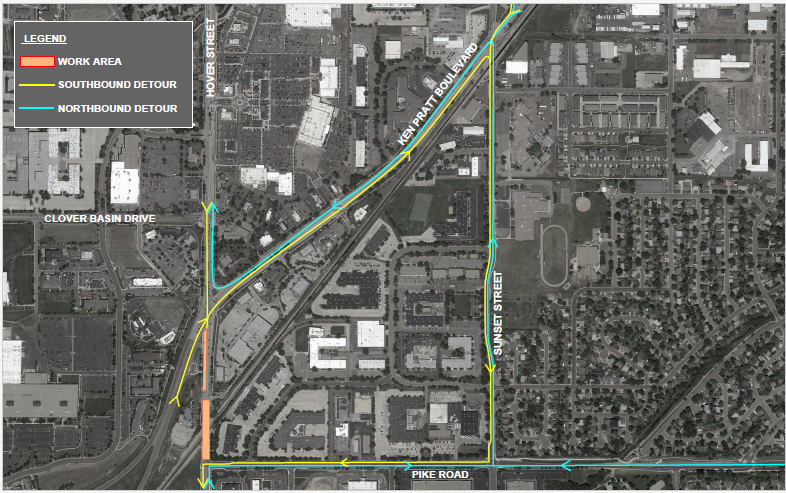 Map of the road closure and detour on Hover Road