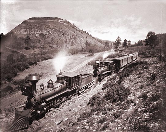 A picture of a steam engine going over Veta Pass in Colorado
