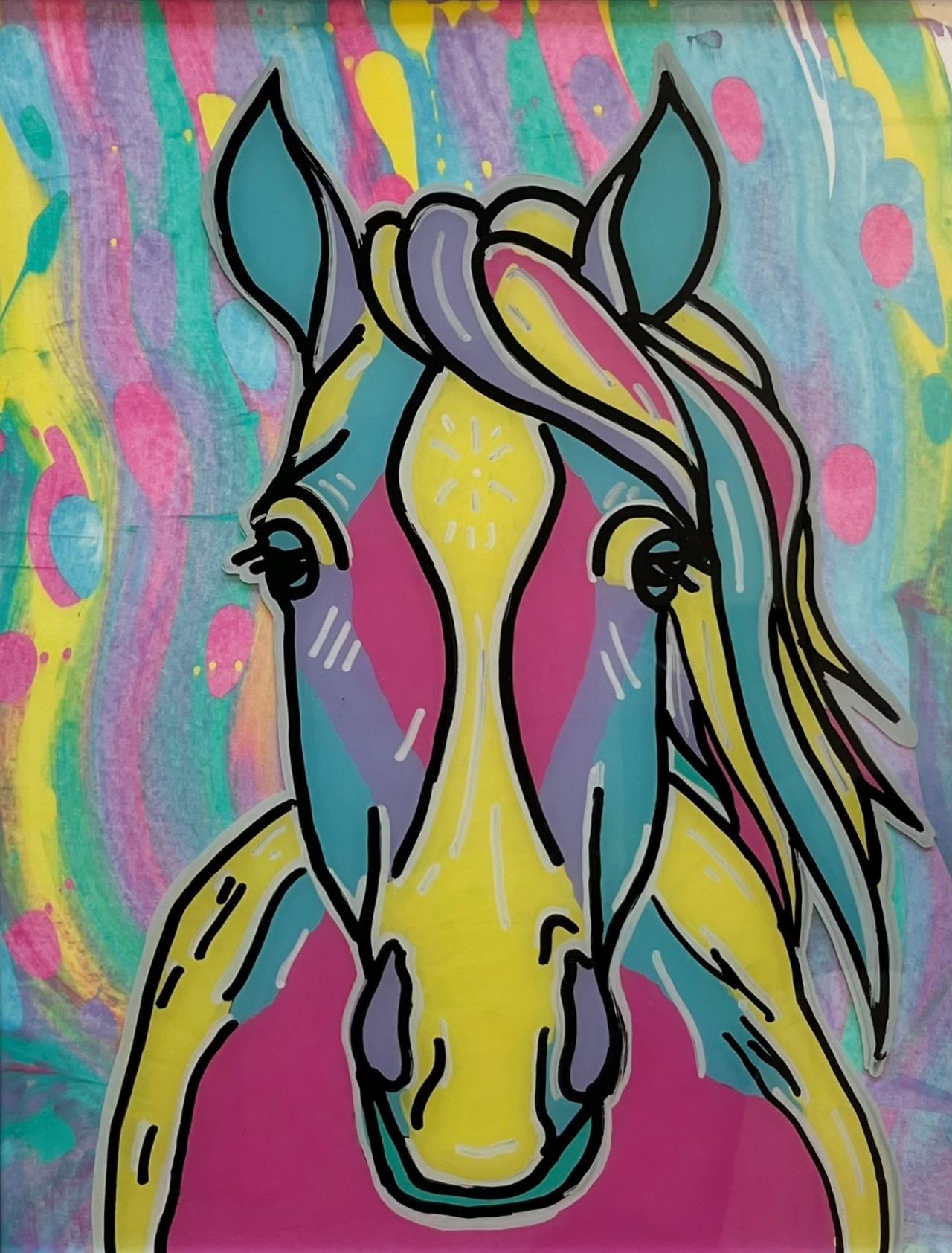 A colorful horse painted on glass