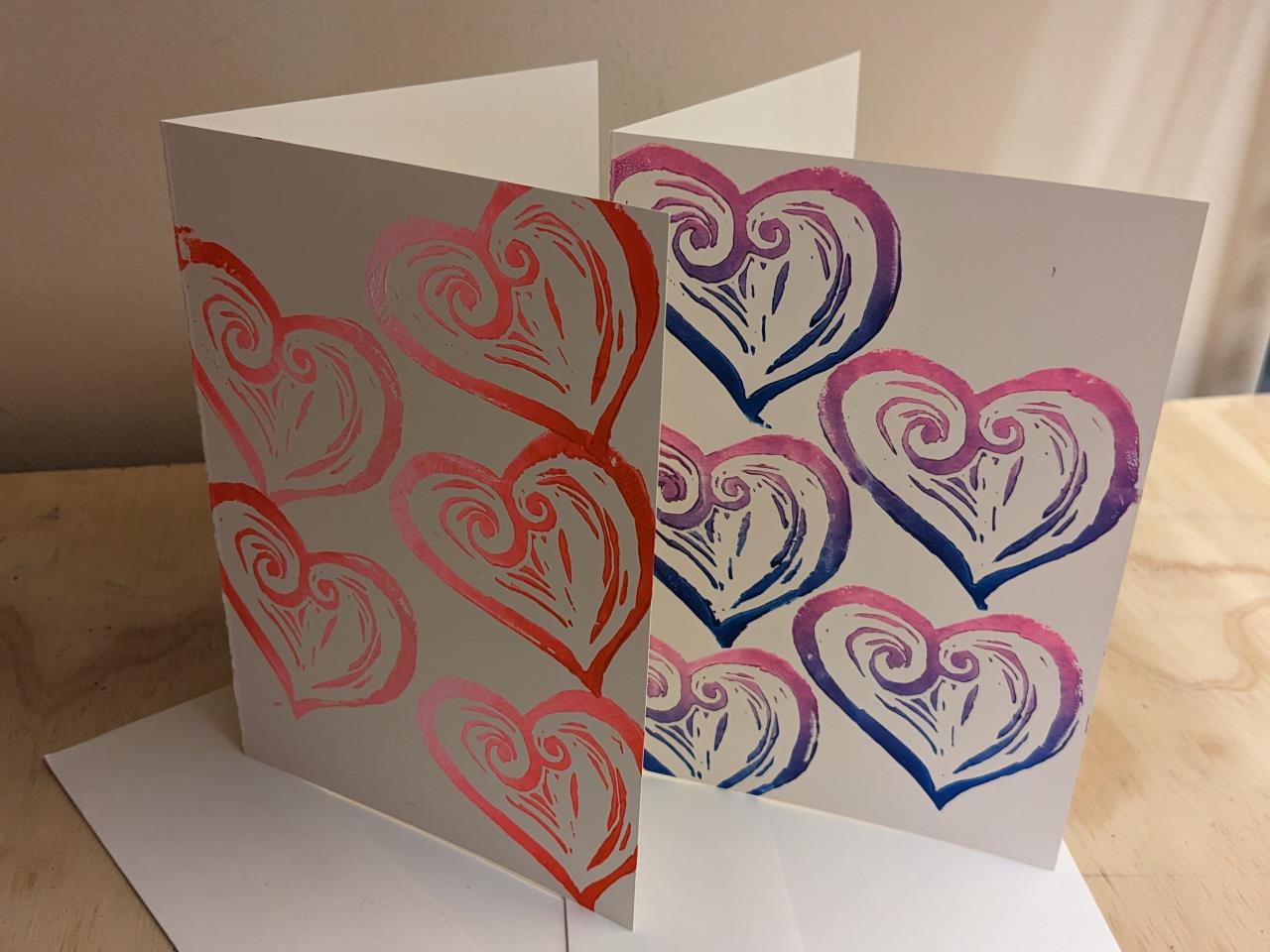 Valentines Day cards painted with block printing