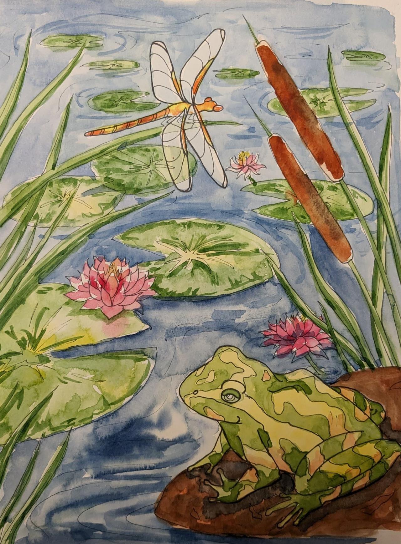 A picture of a frog in a pond in watercolor