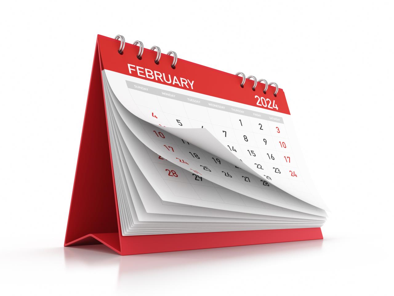 February 2024 calendar with pages blowing