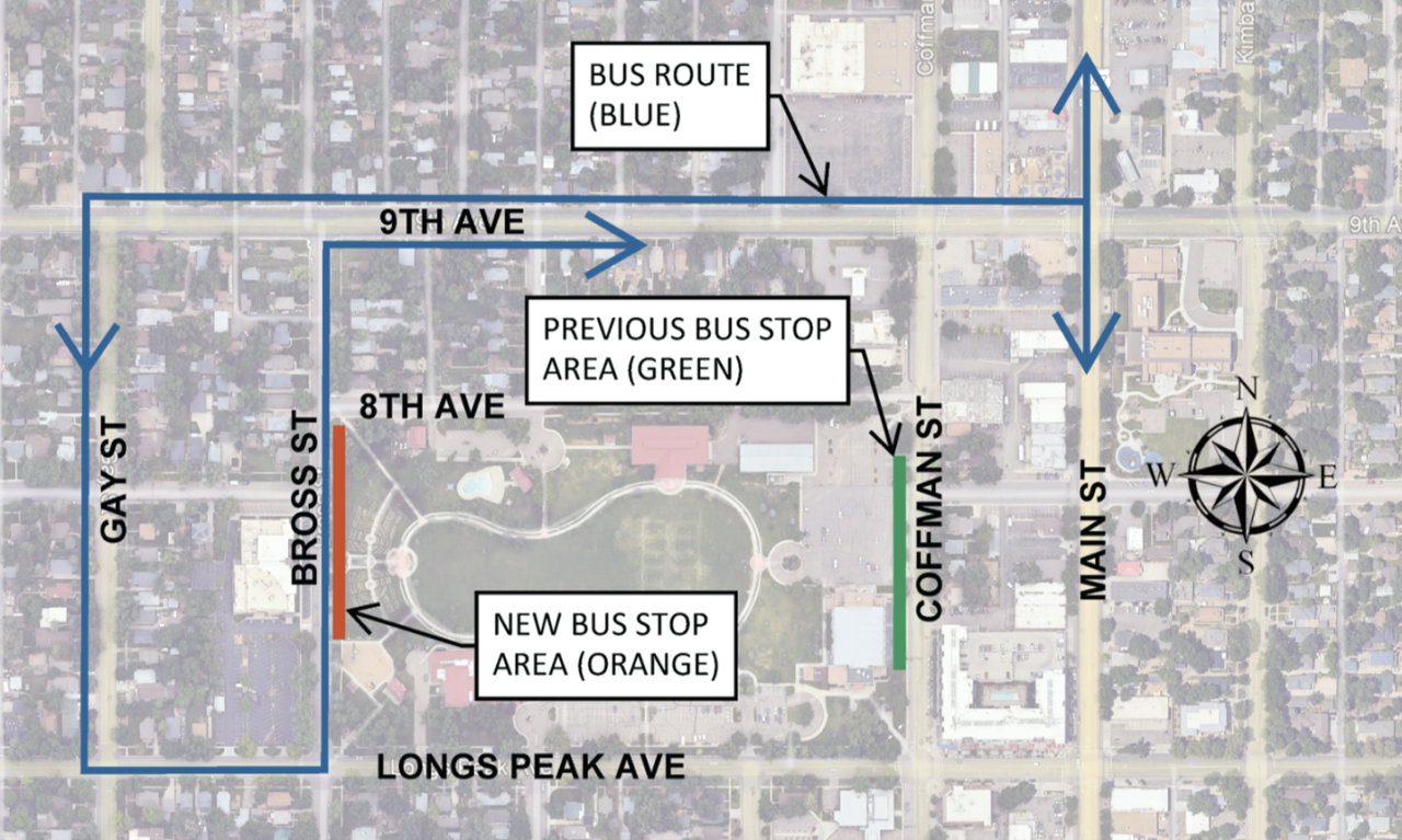 Bus Route Map shows the bus stops formerly east of Roosevelt park on Coffman Street have moved to the east side of the park on Bross Street