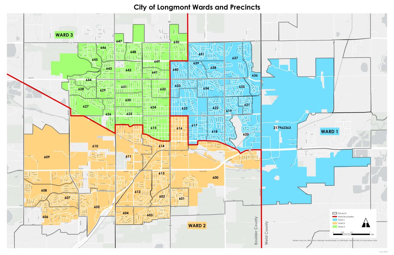 The map displays the three wards of the city of Longmont and the precincts therein. Ward 1 is generally the northeast region of the city. Ward 1 contains precinct 617-623, 633-640, and 651. Ward 2 is generally the south and southwest regions of the city. Ward 2 contains precincts 600-614 and 616. Ward 3 is generally the northwest region of the city. Ward 3 contains precincts 615, 624-632, and 641-650.