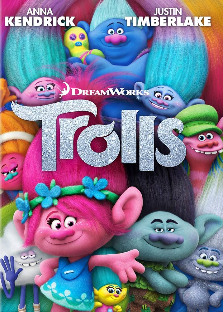 Dreamworks movie poster for Trolls movie with Anna Kendrick & Justin Timberlake - several trolls with colored hair