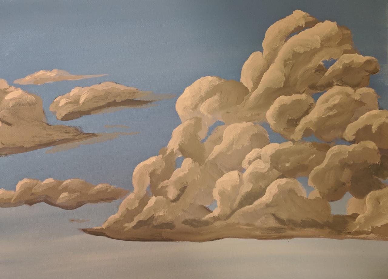 White clouds on a blue sky painted in acrylic