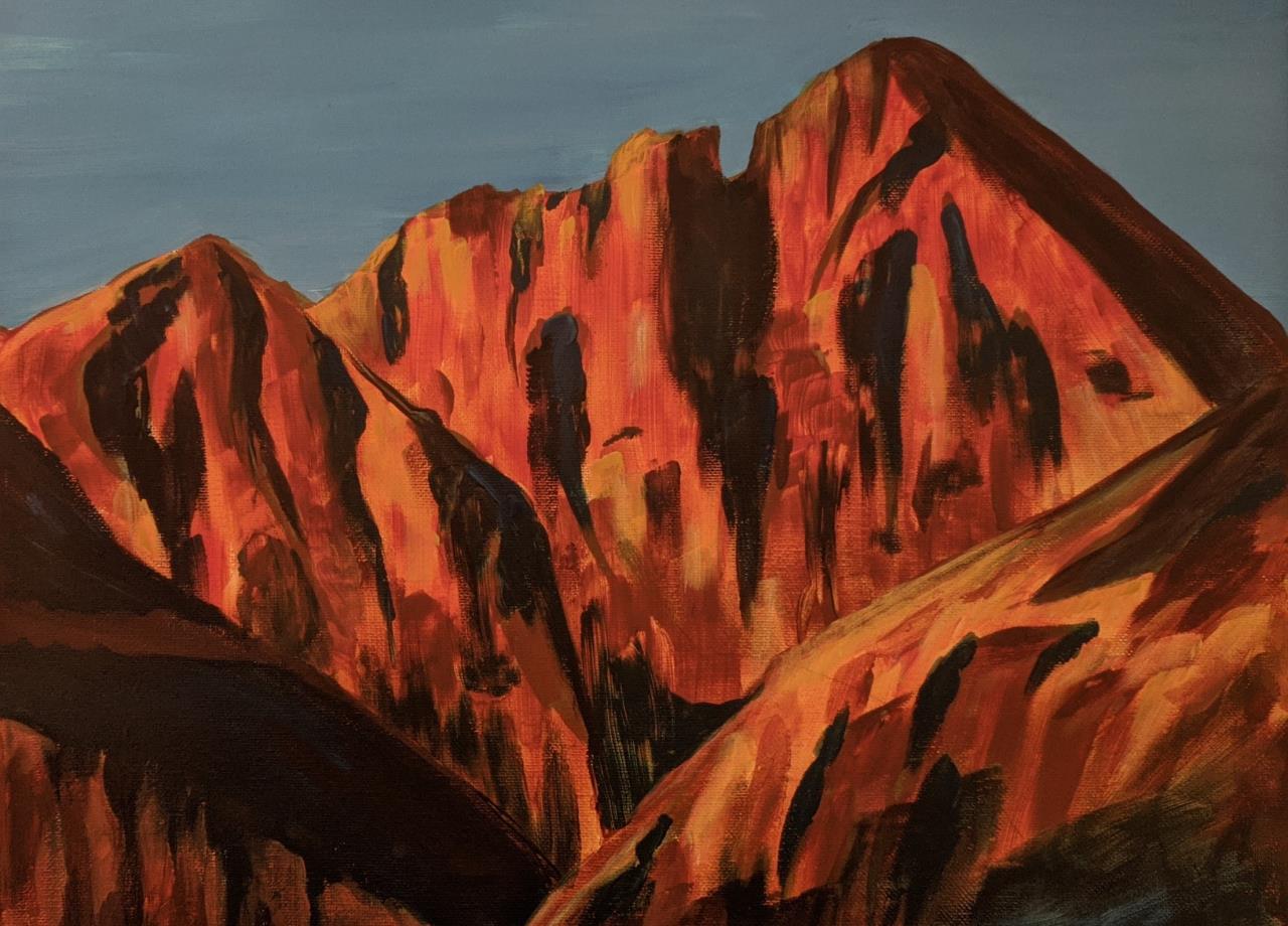 acrylic painting of red rocks against a blue sky