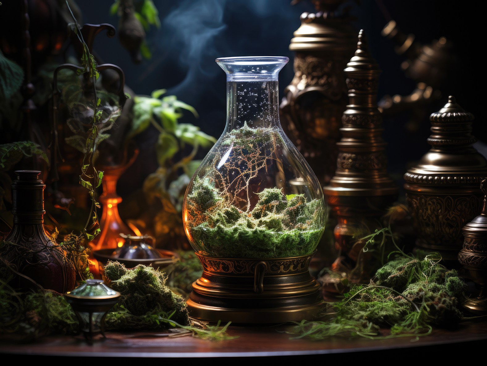 glass jar in a dark room with moss inside surrounded by candlelight and a dark background
