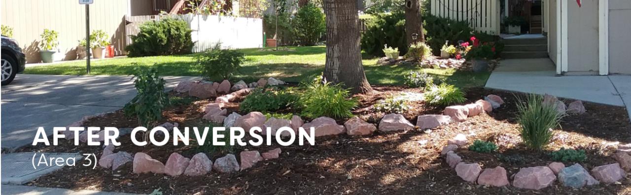 Pollinator garden and decorative boulders in front of a townhome