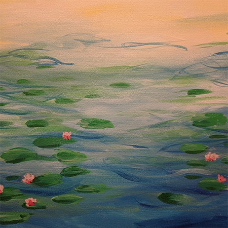 Acrylic painting of waterlilies in the impressionistic style