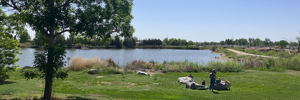 People are enjoying a picnic next to a pond on a sunny summer day at Izaak Walton Nature Area.