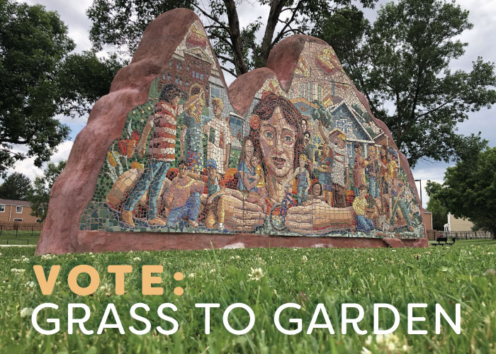 The Unity Project community mosaic mural with the words Vote: Grass to Garden below it.