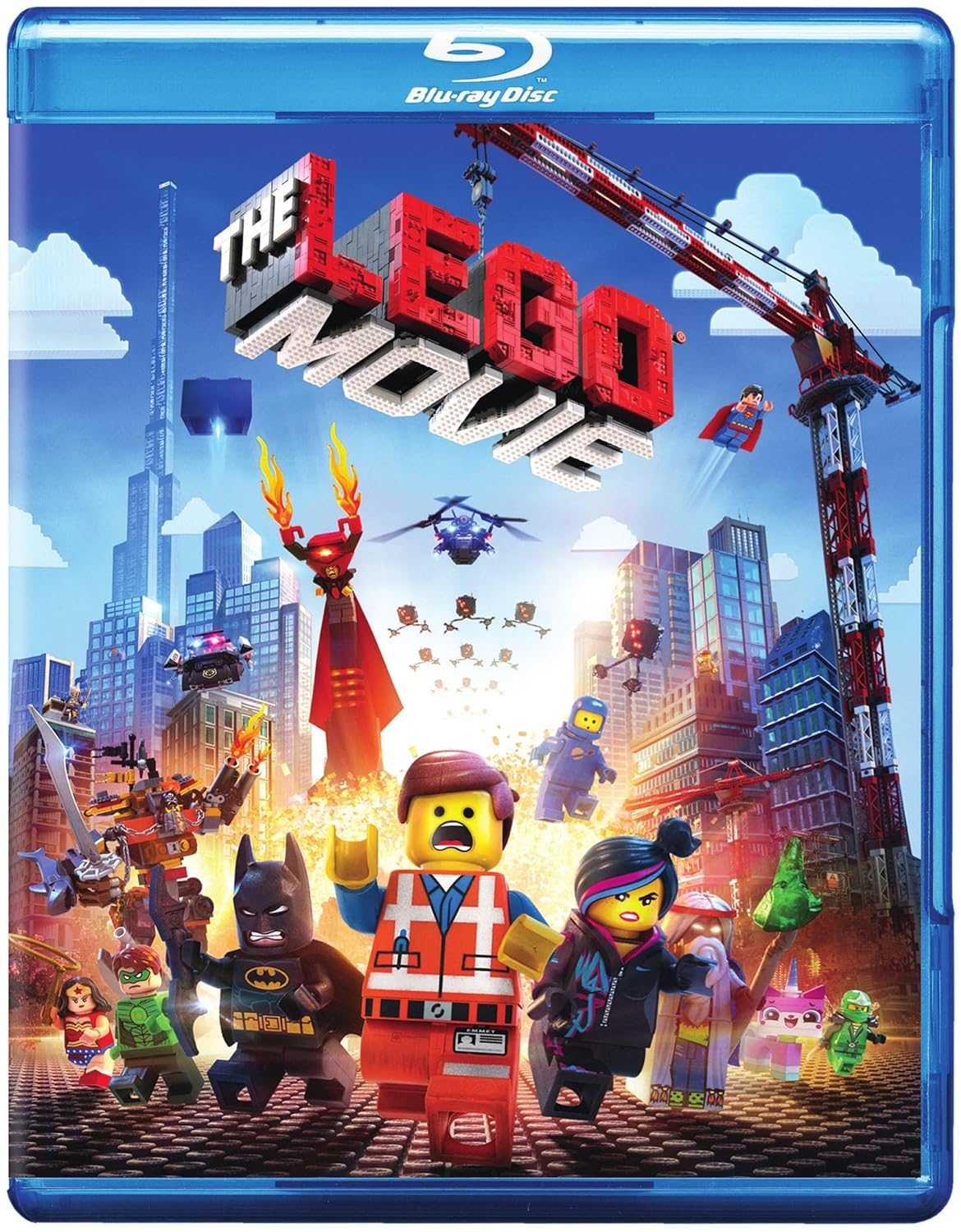 Movie poster for the blu-ray disc LEGO movie - with LEGO characters walking downtown under a LEGO crane