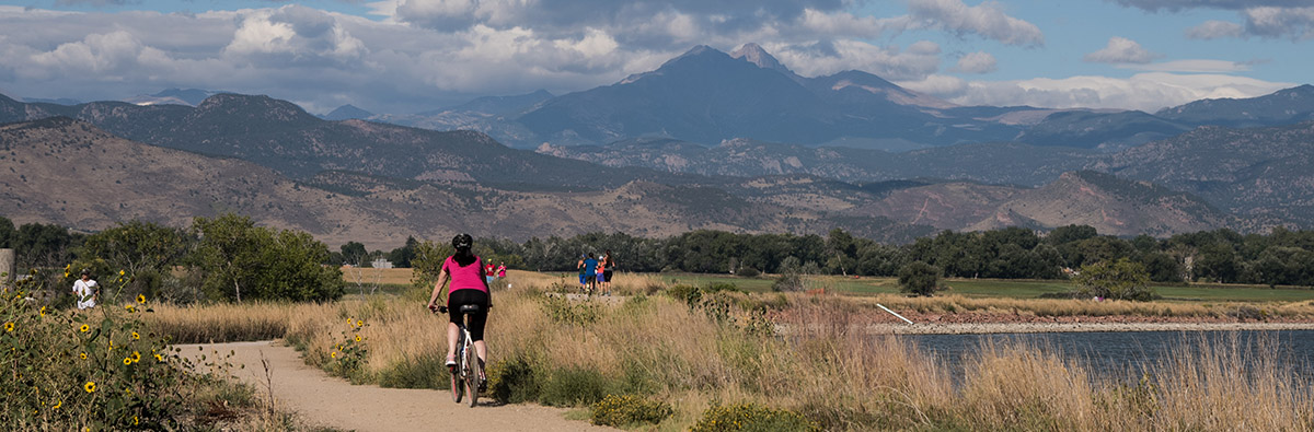 A view of Longmont's McIntosh Lake recreation area, with Long's Peak in the background.