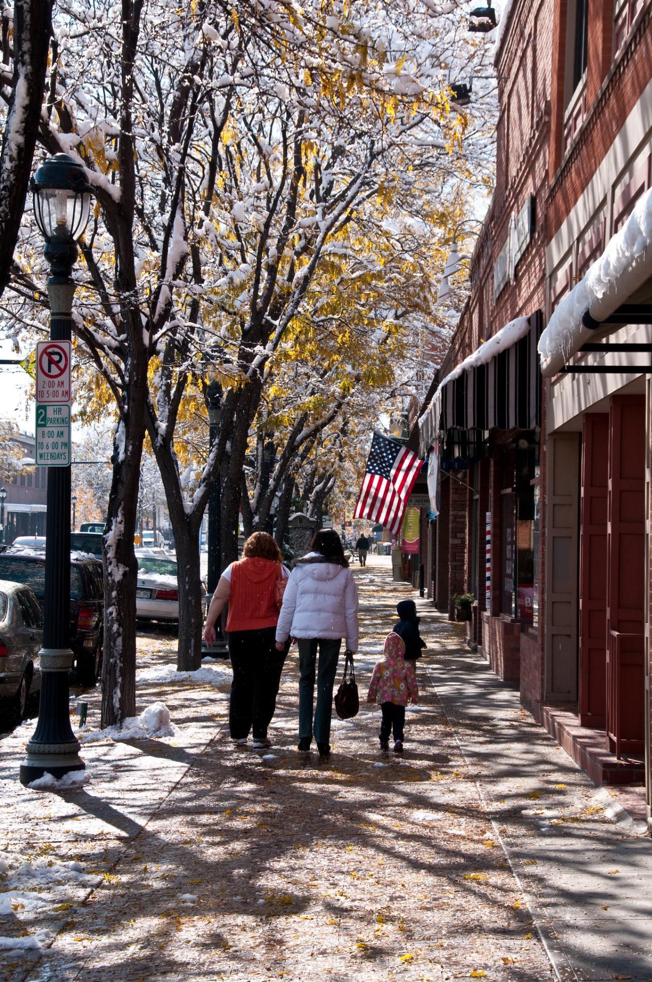 Shoppers Walking Through Slightly Snowy Longmont Downtown