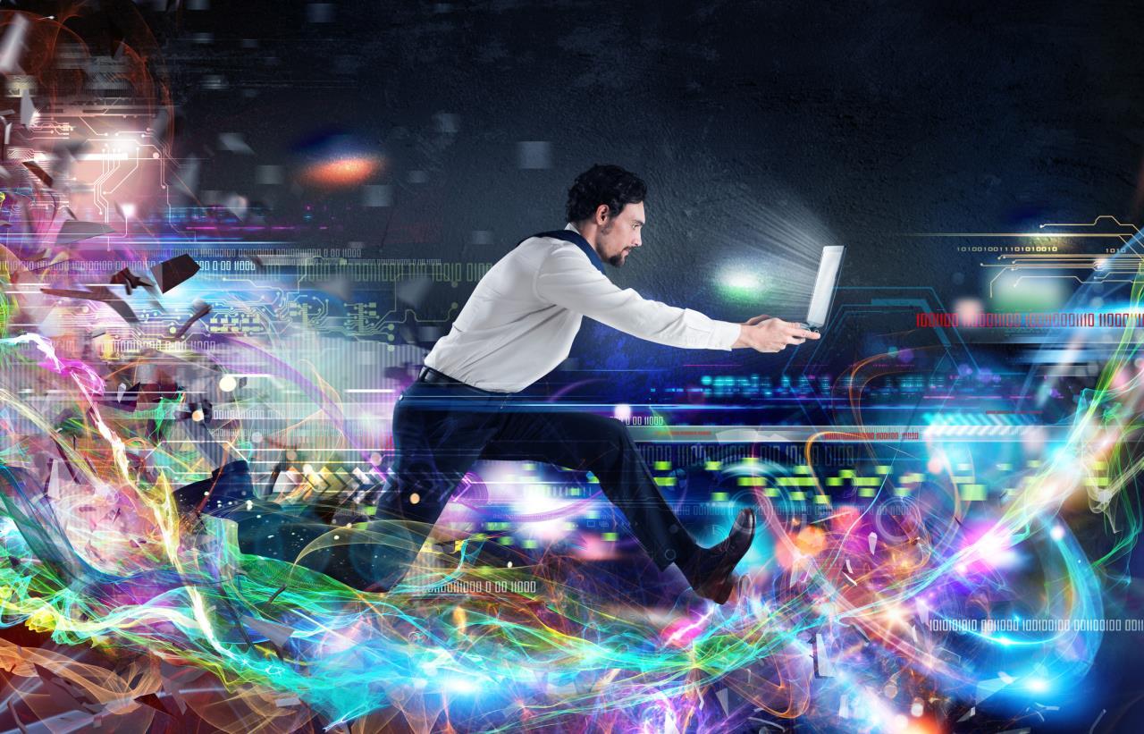 Man With Computer Racing Through High-Speed Data