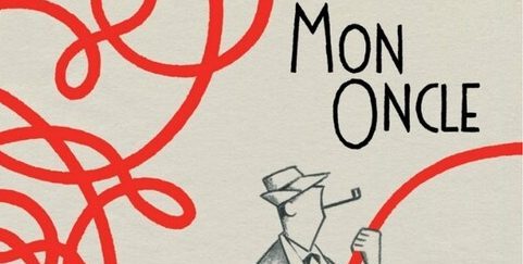 Movie poster for Mon Oncle with red swirls and hand drawn male figure