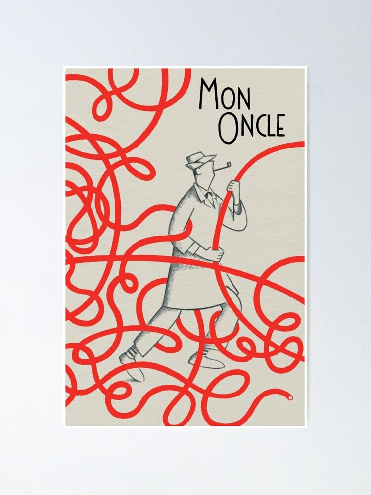 Movie poster for Mon Oncle with red swirls and hand drawn male figure