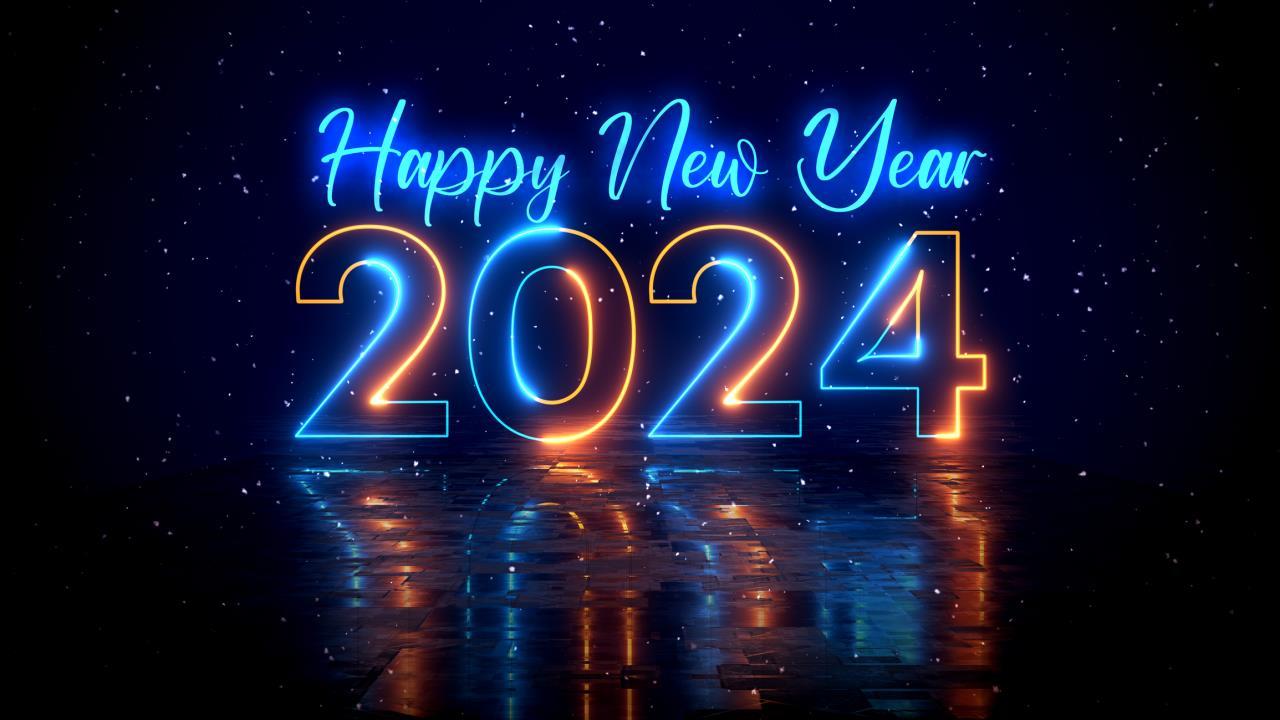 Neon-lit Happy New Year 2024 in blue and gold