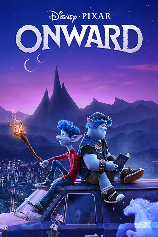 Disney's Pixar Movie poster for Onward - characters sitting on top of a van in front of a purple silhouetted mountain