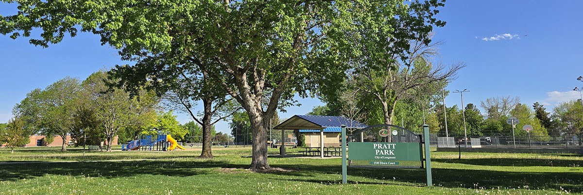 A play structure, a shade structure and a restroom are pictured along with an identifying sign in Pratt Park.
