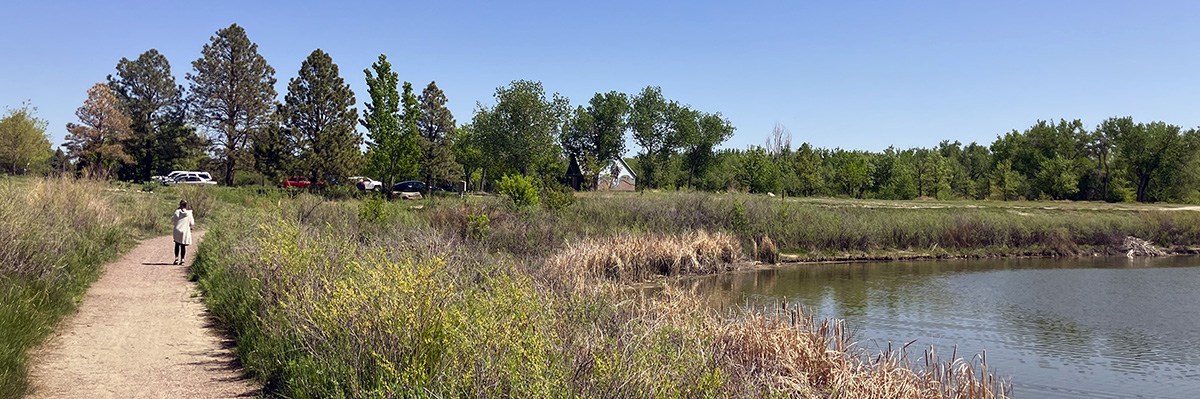 A walking path passes by a shoreline with a park building in the background a Roger's Grove Nature Area.