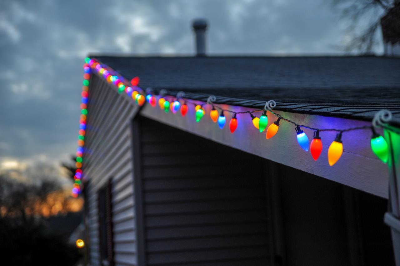 String of Holiday Lights on Roof Edge