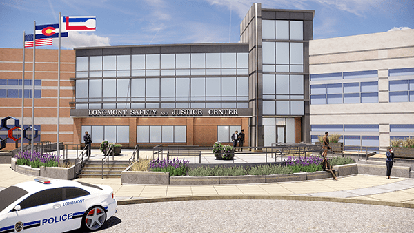 Renderings of Longmont's future Safety & Justice Center show a building with a lot of glass and a plaza in front