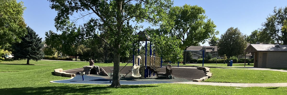 A playground is surrounded by green grass and leafy green trees.