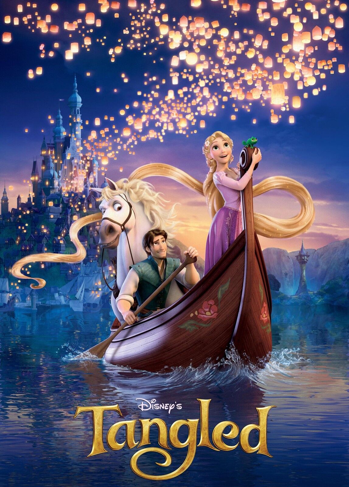 Movie poster for Disney's Tangled - Flynn, his big-eyed horse, and Rapunzel in a Nordic canoe rowing away from a castle