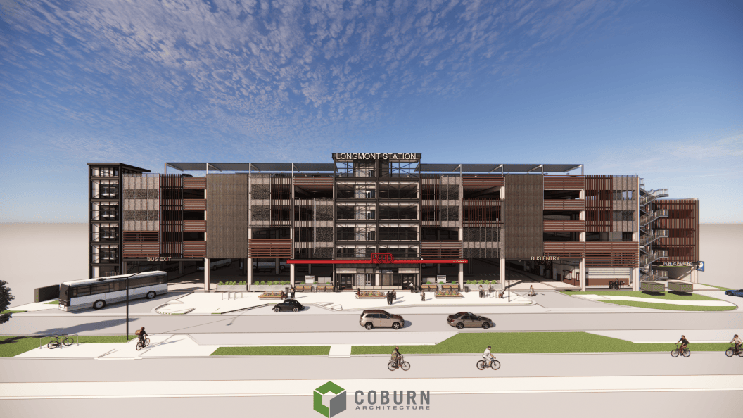 artist rendering of the four story 1st and Main Transit Station - a building with a bus and cars driving in front of it.