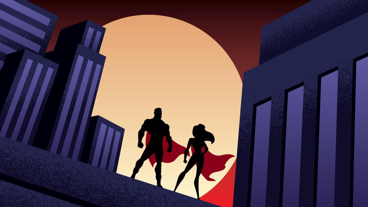 Two Superheroes in Cityscape