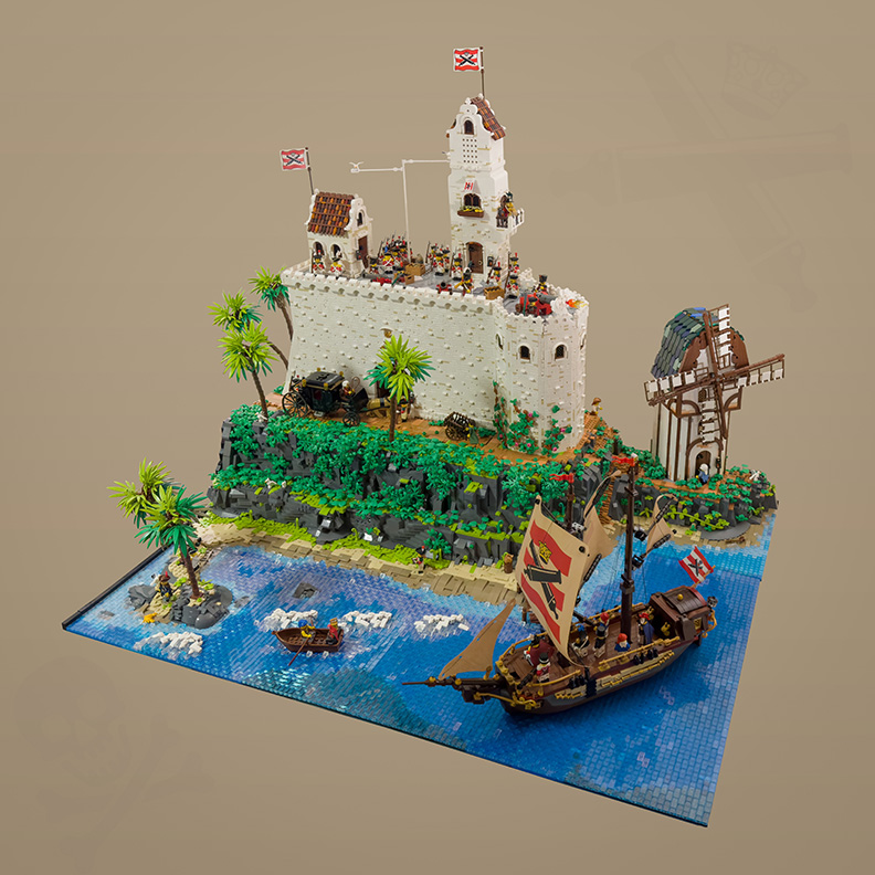 Photograph of a LEGO castle surrounded by water with a pirate ship in the water