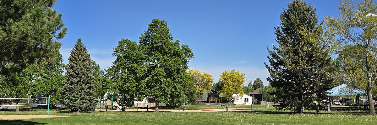 Valley Park includes a playstructure and a shaded area, surrounded by green grass and trees.