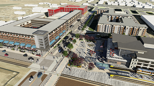 Aerial view of renderings of the 1st and Main transit project.