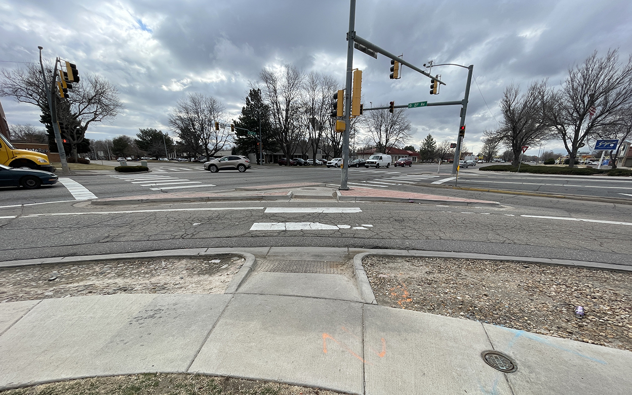 View of the intersection of 21st Ave. and Main St. in Longmont, Colorado taken from the northwest corner.