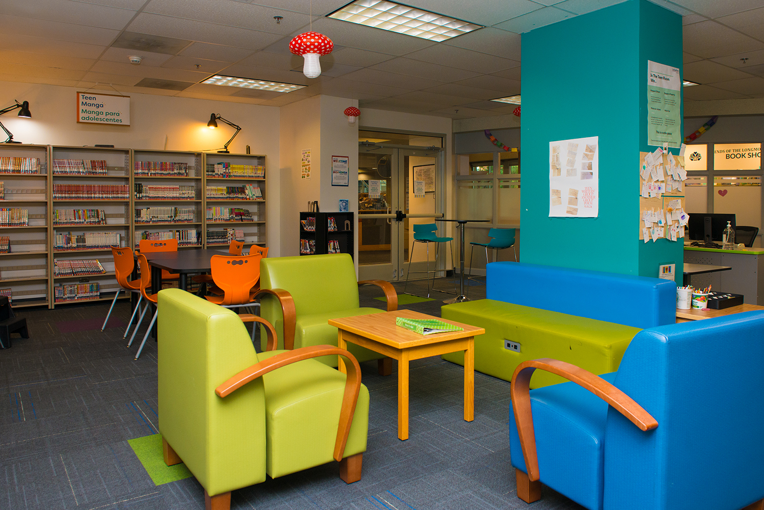 The Library's Teen Space features colorful furniture and walls