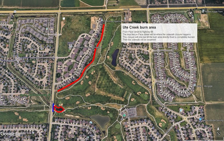 The map shows the Ute Creek burn area from Pace St. to Highway 66