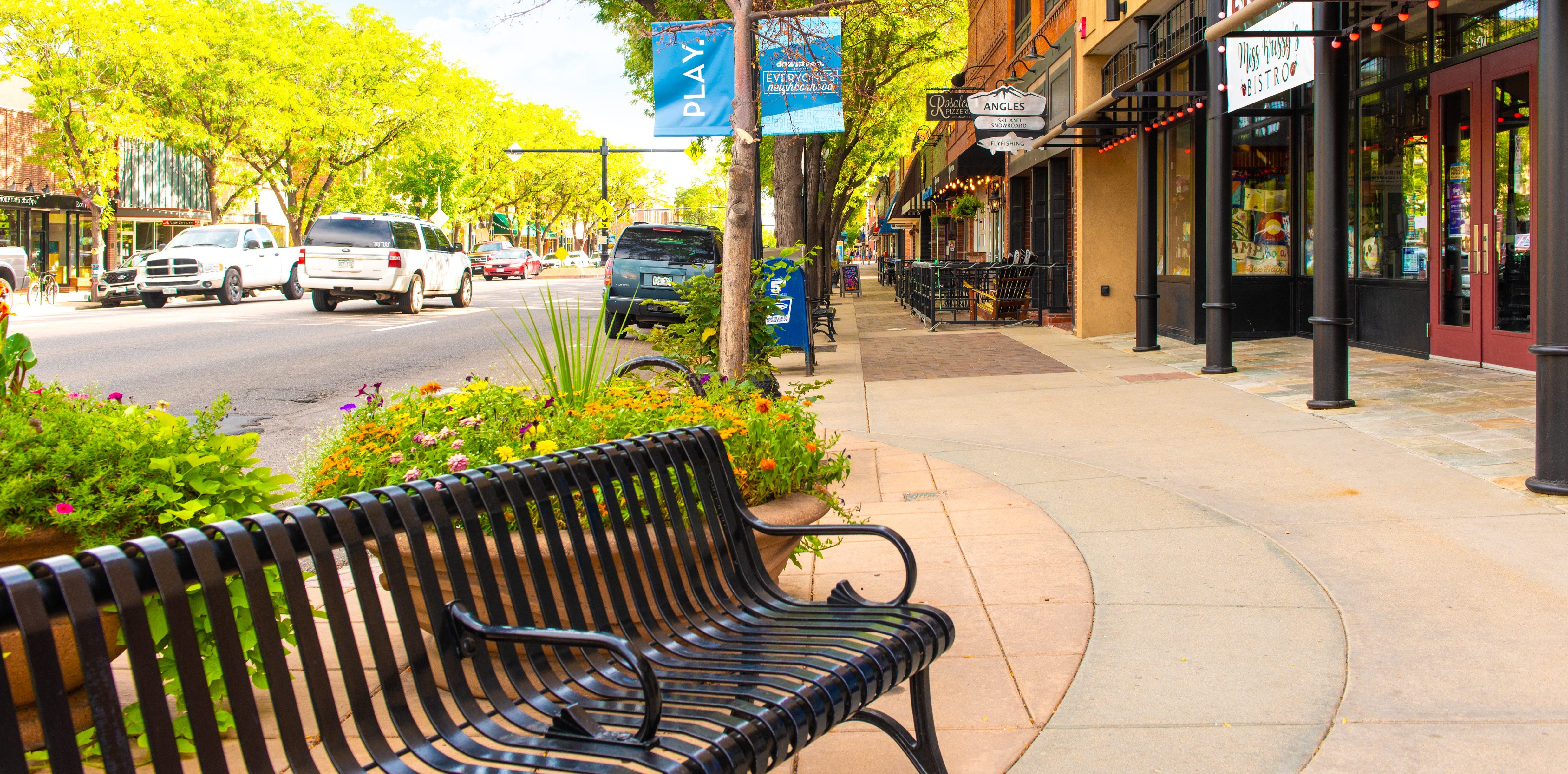 Bench on Main St, Longmont, local stores in the background.