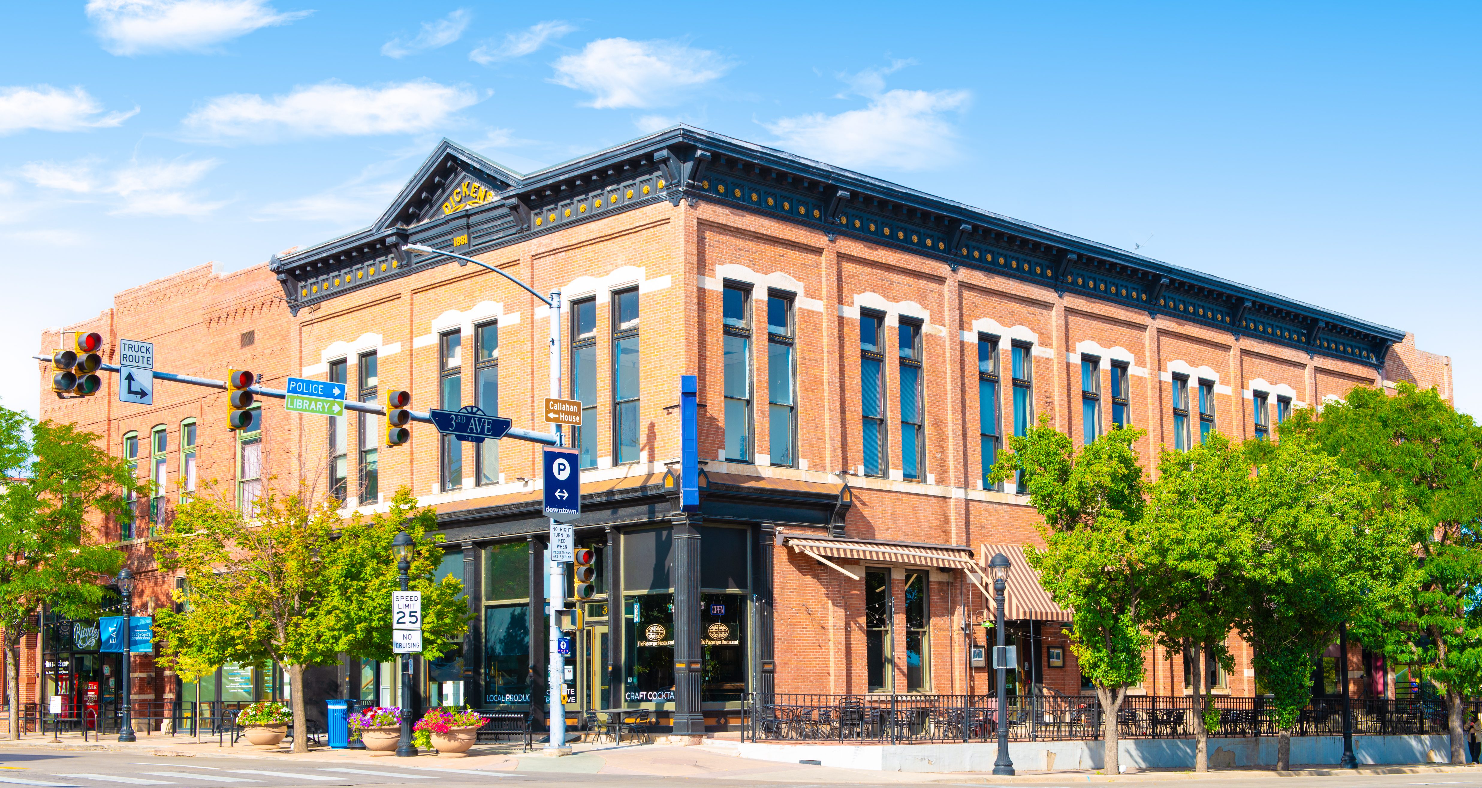 Old Dickens Opera House view from south west corner of Main St, Longmont, CO.